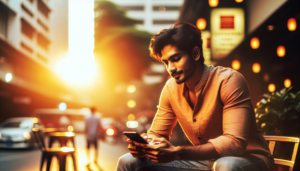 Create a photo-realistic image capturing the essence of a relaxed and casual environment bathed in the warm, golden light of the late afternoon sun, signifying golden hour. It features a central subject, perhaps a South Asian man casually using his mobile phone, depicting the topic of SMS marketing. He is placed off-centre for a candid feel, against a blurred backdrop that hints at an urban setting. The colours are warm and rich, yet they should lend a light and airy feel to the picture, thus painting a friendly ambiance. The presence of a slight vignette effect and a hint of overexposure would intensify the vibrancy, while a bokeh effect in the background suggests the buzz of city life. This image should blend a casual composition with a warm colour scheme to reflect an intimate depiction of modern, everyday life.