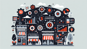 Visualize an illustrative image representing seven strategies for automating local business marketing and sales. The image should not have any words, only illustrations to portray the seven strategies. The design should be in modern flat style, and the colors used should only be black, white, grey, and a bright red with the color code #BF0202. Incorporate elements that typically symbolize automation, small businesses, marketing and sales strategies, such as gears, computers, store fronts, graphs, bar charts, etc.