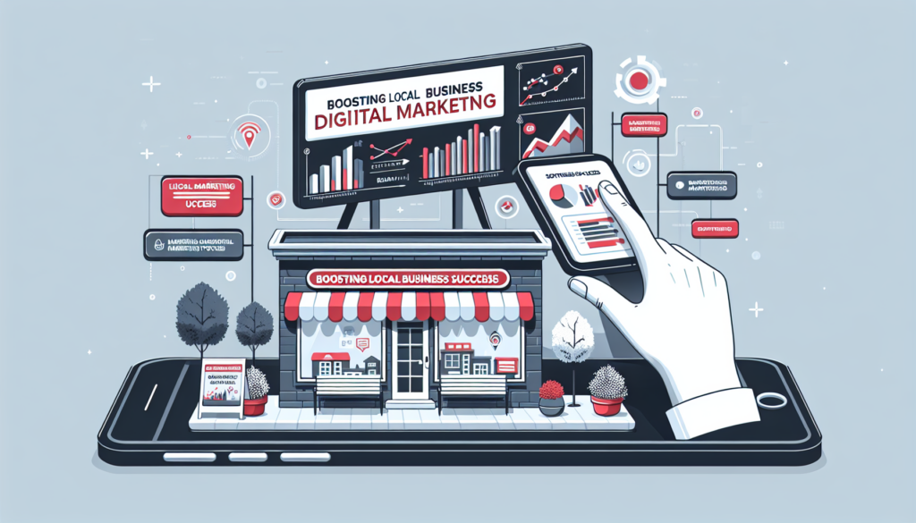 Create an illustration that embodies the concept of 'Boosting Local Business Success with Digital Marketing'. The image should be done in a modern flat style, with the color scheme being strictly limited to black, white, greyscale, and red. The scene might feature a local shop with a digital billboard displaying marketing strategies, or perhaps a touchscreen device indicating growth charts, metrics and other digital marketing tools. Please ensure there is no text in the image, visual representation only.