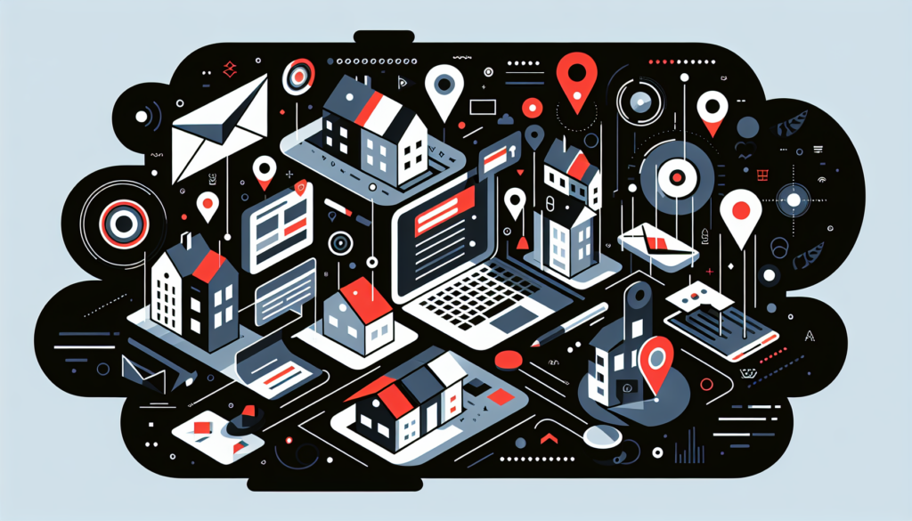 Generate an image depicting the concept of enhancing local businesses using email marketing strategies. The visualization should not involve any text and be in a modern flat art style. Utilize a color palette that revolves around shades of black, white, grey, and touches of red to give the artwork a striking contrast.