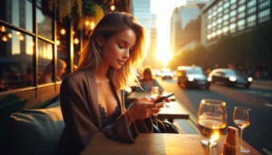 Create a photo-realistic image illustrating the concept of boosting restaurant sales through text messaging. The style should capture the soft, golden glow of the late afternoon sunlight, often referred to as the 'golden hour'. The ambiance should be casual and warm, having a rich yet natural palette with warm tones. The main subject appears off-centre to suggest a spontaneous, candid mood. The picture is composed from a close to medium distance. The subject is in sharp focus, while the urban background has a blurred bokeh effect, providing a hint of city life. It also incorporates a subtle vignette effect and a slight overexposure for a vibrant, lively feel. The background complements the subject but does not overpower it. The overall image merges a candid composition with a warm colour scheme that evokes an intimate moment in everyday, modern city life.