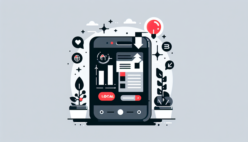 Create an illustration in a modern flat style using a color palette consisting of black, white, grey, and red. The image is meant to convey the concept of boosting local businesses through SMS marketing. It could potentially include a mobile phone showing a message related to marketing and maybe some indicators of a thriving local business. Note that no words should be visible in the image, the entire concept should be conveyed through visual symbolism.
