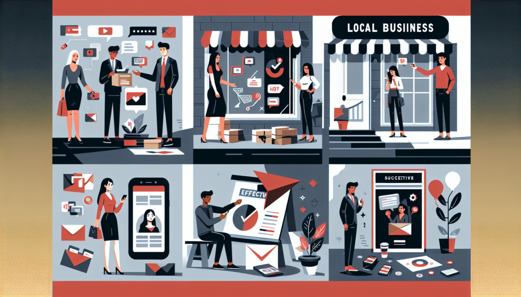 An illustration in a modern flat style showcasing effective strategies for local business marketing. It should include various scenes from a local business successfully marketing their services or products. Use black, white, grey, and red as the color palette. For example, one scene could depict a person of Asian descent hand-delivering carefully crafted promotional materials to potential customers. Another scene could show a Caucasian woman on her phone, engaging with her business's social media followers. Finally, a South Asian man could be seen crafting an eye-catching storefront display.