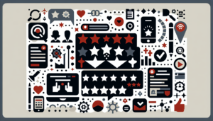 Generate a flat, modern style illustration using a color palette of black, white, grey, and deep red. The image should incorporate icons, symbols, and design elements that represent maximizing online reviews across marketing channels. The illustration should be simple, using minimal, well-thought-out details, and shouldn't include any words or letters. This visual representation should efficiently display the primary topic of an article centered around online reviews maximization across different marketing platforms.