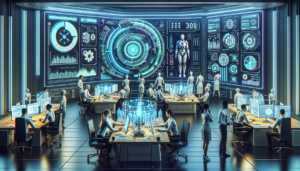 An imaginative digital artwork showcasing a futuristic workspace, where a central AI system streamlines complex marketing tasks across multiple holographic screens, efficiently orchestrating the workflow between human professionals and robotic assistants in a vibrant, high-tech office environment.