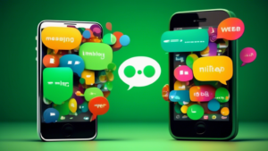 Two phones side by side, one with large green speech bubbles labeled Text and the other with various smaller app icons representing different messaging platforms, all interconnected by a web of colorf