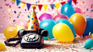 A smiling phone with a party hat sending a text message that says Happy Birthday! with confetti and balloons in the background.