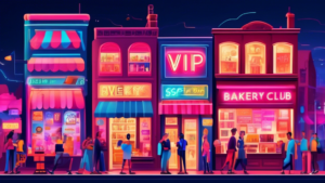 An animated image of a bustling small town street, with diverse small businesses like a bakery, a bookstore, and a café, each displaying a neon sign about their VIP Club SMS offers Excited customers, a mix of various demographics, are checking their smartphones and happily entering these shops, influenced by exclusive offers popping up as notifications on their screens