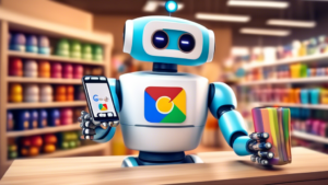 A friendly robot holding a smartphone with a five star Google review on the screen, handing it to a happy customer in a retail store, surrounded by colorful products