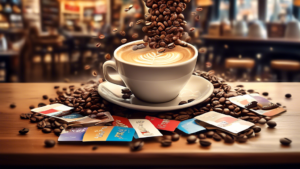 A whimsical coffee cup overflowing with loyalty cards, gift boxes, and coffee beans against a backdrop of a bustling coffee shop.