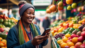 A busy market stall owner smiles at a customer while looking at their phone with Text-to-Pay on the screen, vibrant colorful fruits and vegetables in the foreground.