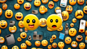 A split screen showing a chaotic phone texting conversation with emojis and slang on one side and a formal email chain with attachments on the other side.